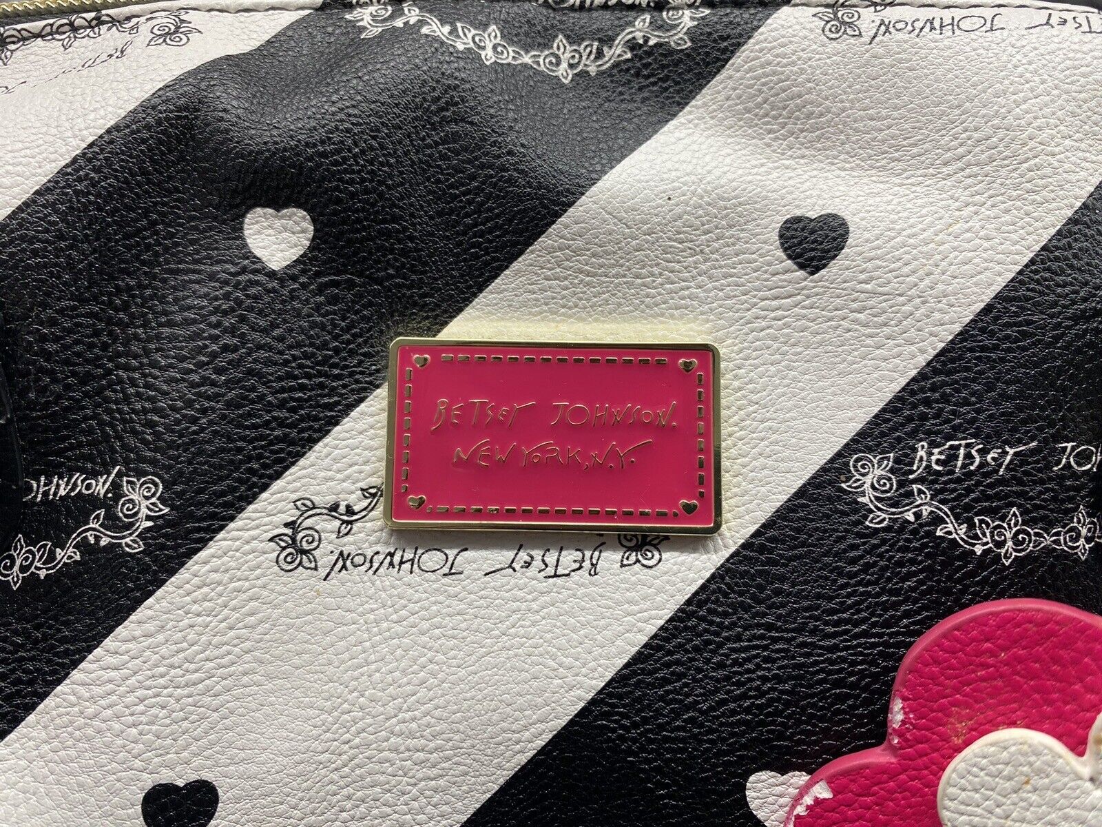Vintage Y2K Betsey Johnson Black & White Stripe Heart Polka Dot Satchel Bag