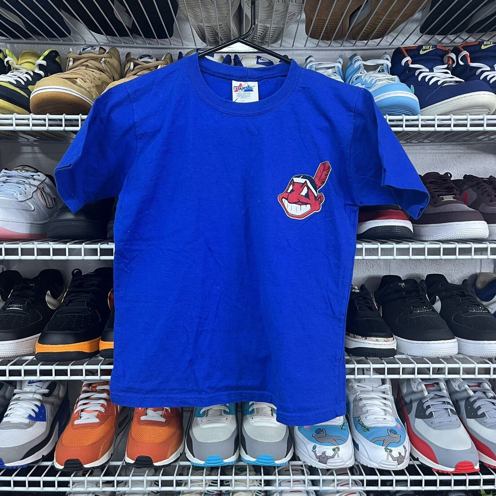 VTG 90s Youth MLB Indians Chief Wahoo Majestic T Shirt Royal Blue Size Kids M - Hype Stew Sneakers Detroit