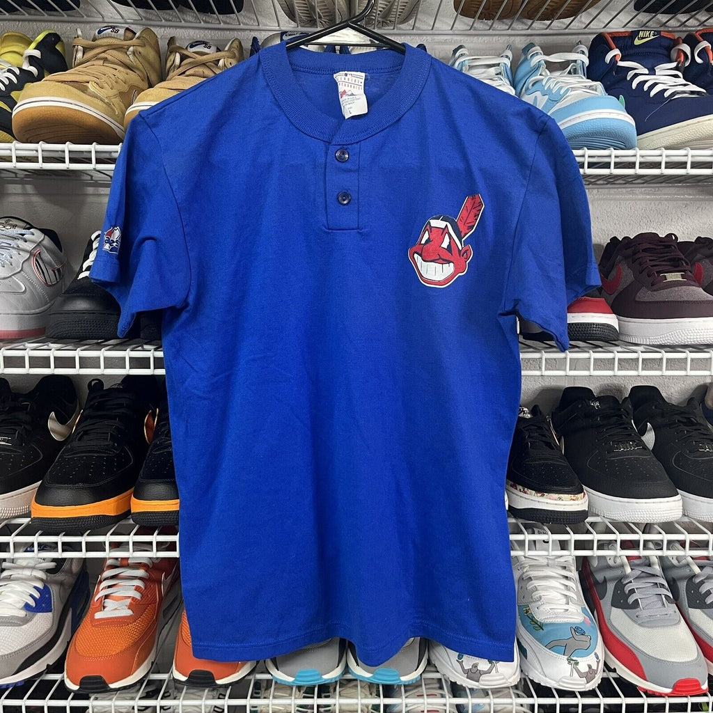 VTG 90s Youth MLB Indians Chief Wahoo Majestic 2 Button T Shirt Royal Blue Sz L - Hype Stew Sneakers Detroit