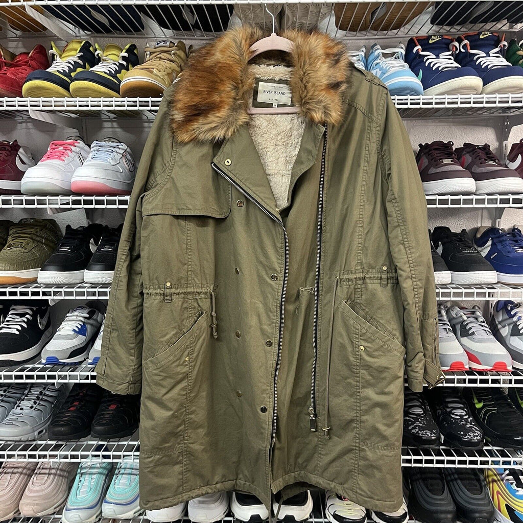 Women's river island size 14 khaki faux fur hood parka jacket - Hype Stew Sneakers Detroit