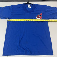 VTG 90s Youth MLB Indians Chief Wahoo Majestic V Neck T Shirt Royal Blue Size XL - Hype Stew Sneakers Detroit