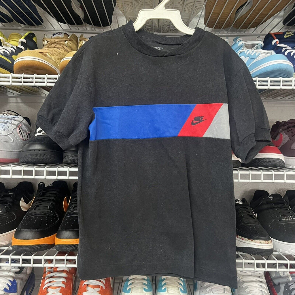 VTG 80s Nike Spell Out Logo T-Shirt Striped Black Blue & Red Youth Size Large - Hype Stew Sneakers Detroit