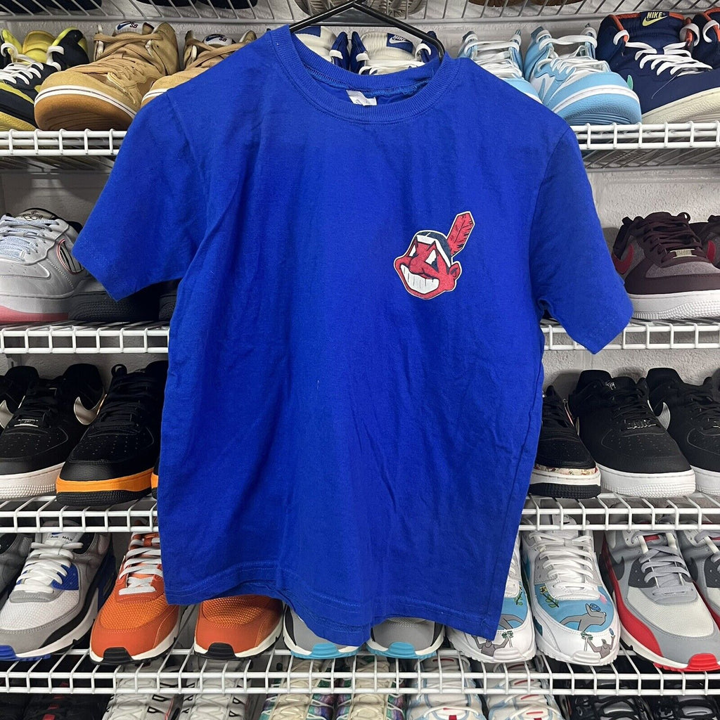 VTG 90s Youth MLB Indians Chief Wahoo Majestic T Shirt Royal Blue Size L - Hype Stew Sneakers Detroit