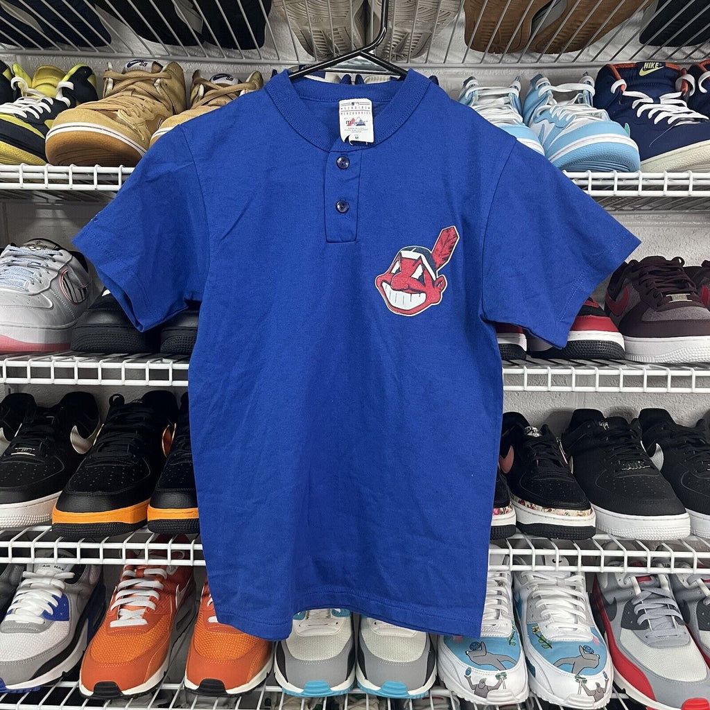 VTG 90s Youth MLB Indians Chief Wahoo Majestic 2 Button T Shirt Royal Blue Sz M - Hype Stew Sneakers Detroit