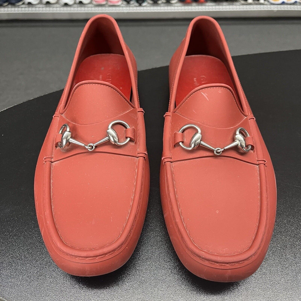 GUCCI Red Rubber Silver Horsebit Moccasin Loafers Driving Shoes Size 10 - Hype Stew Sneakers Detroit