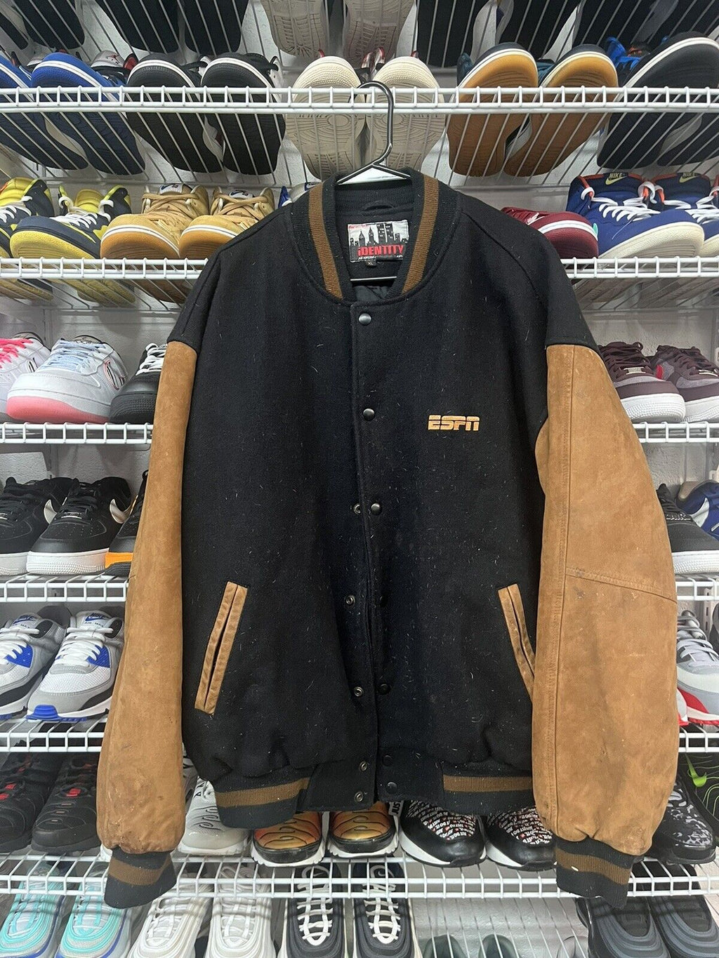 Vintage ESPN Letterman Varsity Bomber Jacket Wool Leather Black Brown Men's XL - Hype Stew Sneakers Detroit