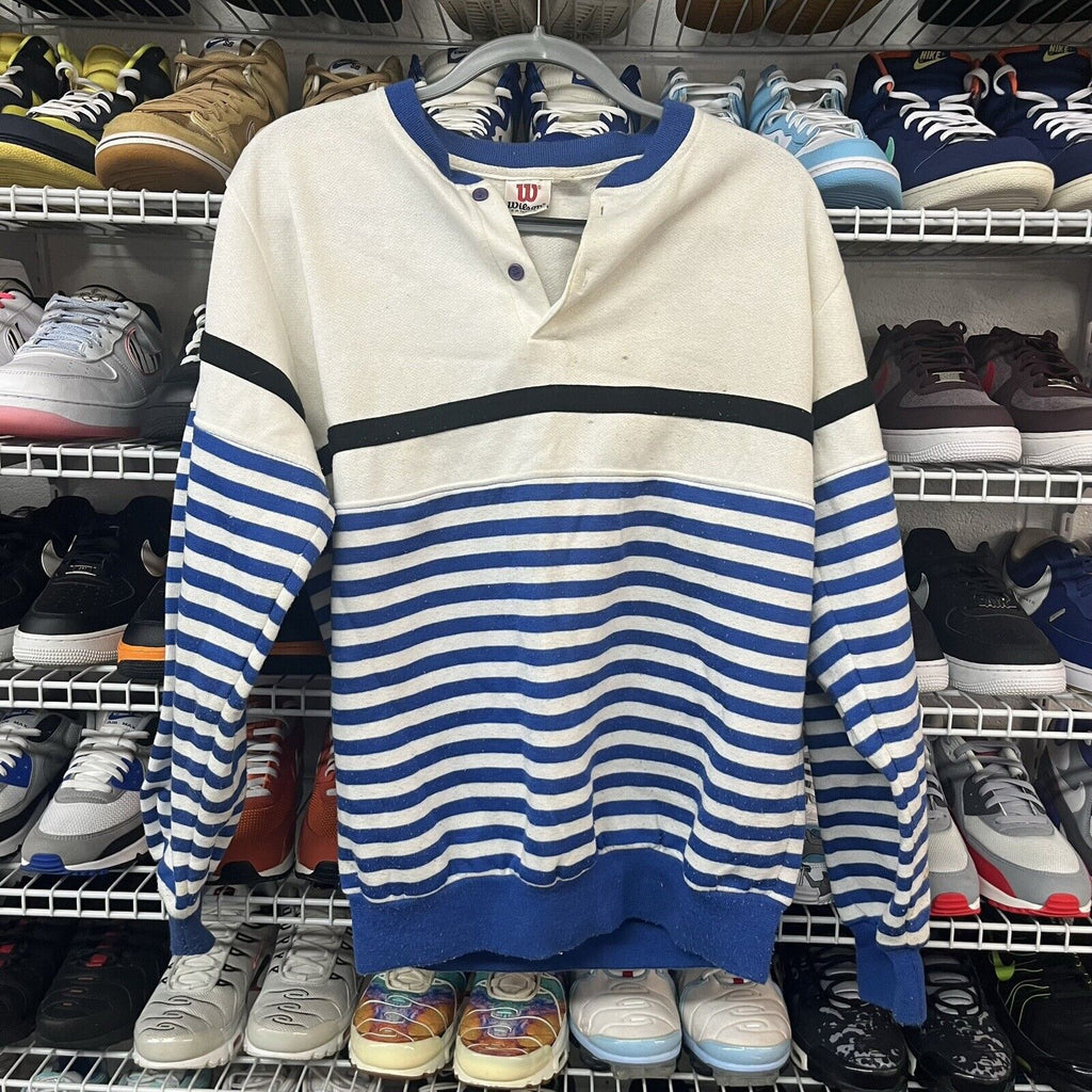 Vintage 80s Wilson Sweater Men's L Long Sleeve Blue Stripes Quarter Button Up - Hype Stew Sneakers Detroit