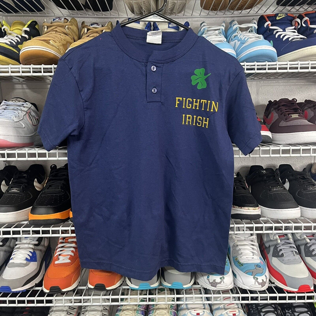 Vtg 90s Youth Notre Dame Fighting Irish Short Sleeve Two Button Blue W/ Clover L - Hype Stew Sneakers Detroit