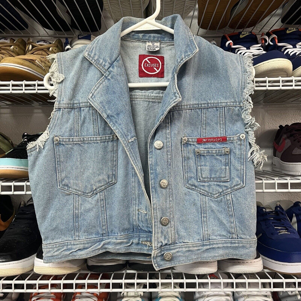 Vtg 2000s Y2K NO EXCUSES Light Wash Sleeveless Distressed Jean Jacket Size M - Hype Stew Sneakers Detroit