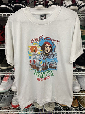 VTG 90s Christopher Columbus Discovery Of America 500th Anniversary T-Shirt Sz L - Hype Stew Sneakers Detroit