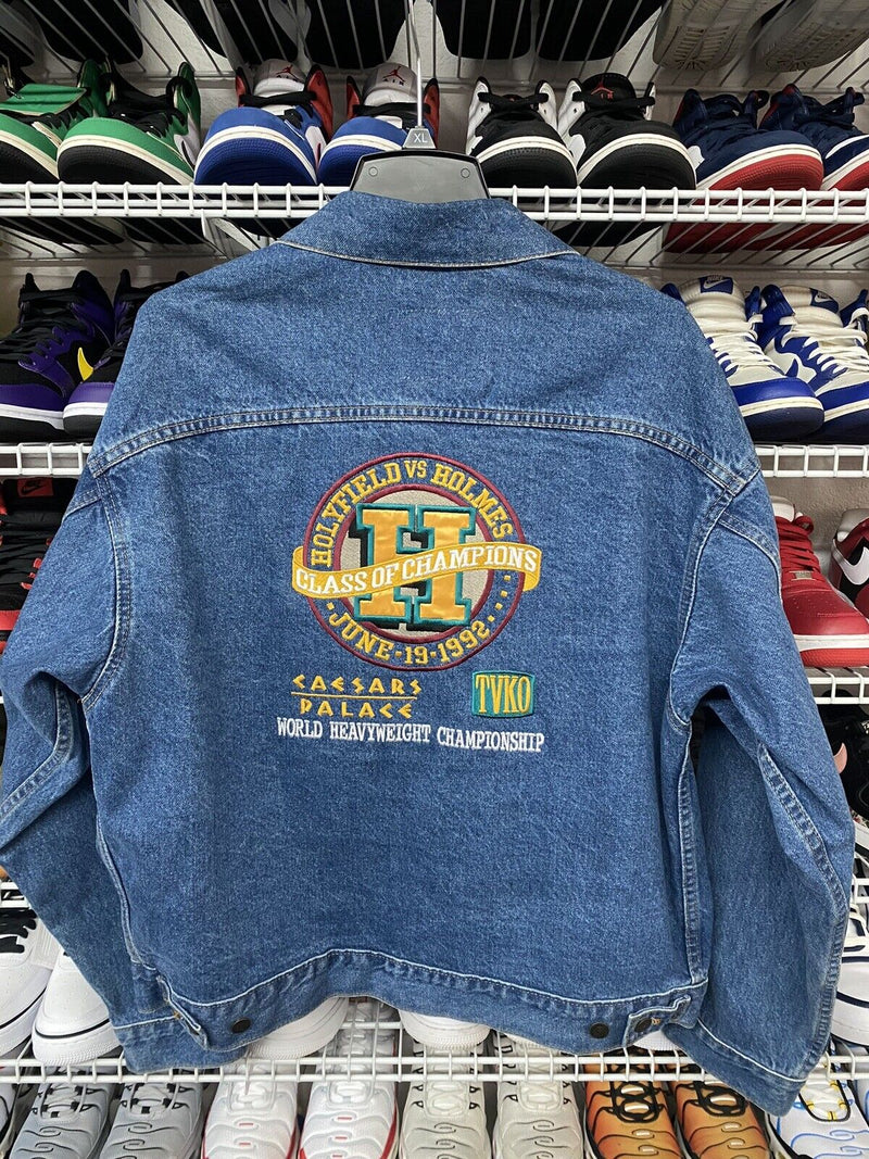 VTG 1992 Caesar's Palace World Champion Holyfield Holmes Denim Jacket Sz XL - Hype Stew Sneakers Detroit