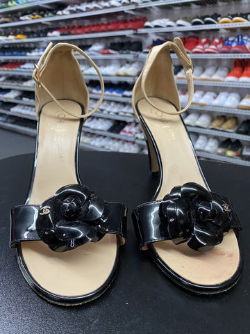 Chanel Black Leather Camellia Ankle Strap Heel Flower Accent Size 40 EU 10 US