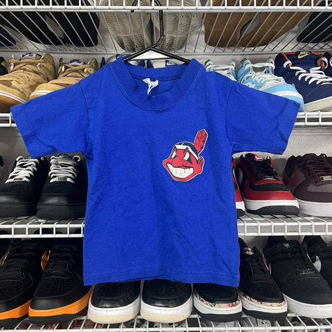 Vintage 90s MLB Indians Chief Wahoo Majestic T Shirt Royal Blue Size Kids S